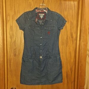 🌟 Guess Kids White Polkadot Blue Denim Collar Button Up Dress size large 14